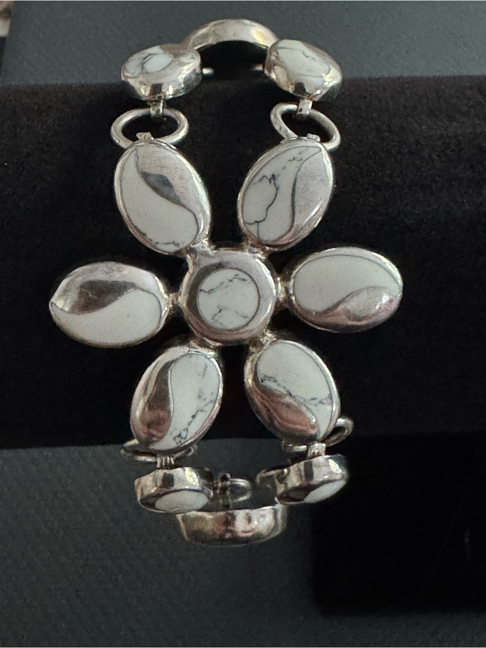 Vintage Stamped 925 White Howlite Multi-Stone Flower Link Bracelet 28.38g
